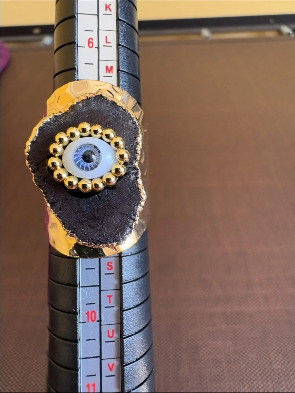 New! Black Synthetic Geode Agate Druzy Gold Plated Evil Eye Statement Ring